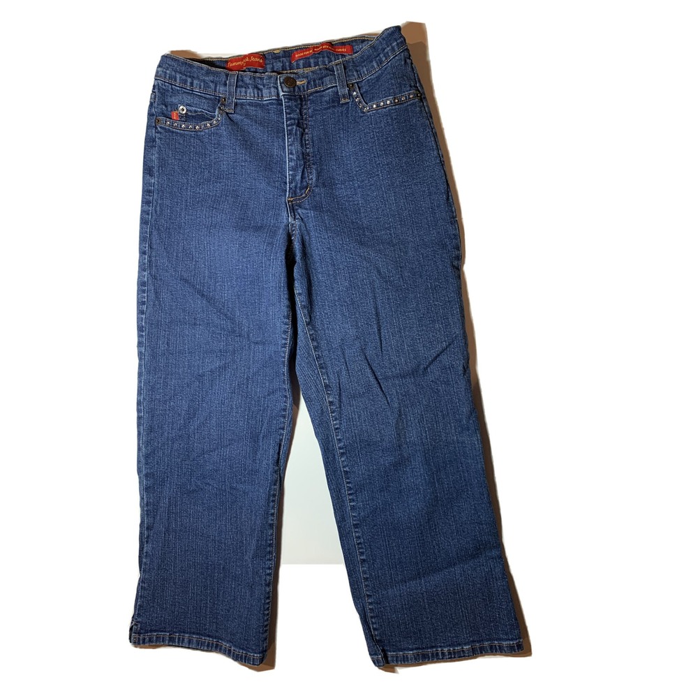 NYDJ Womens Size 8 Blue Denim Capri Jeans Red Label Tummy Tuck Rhinestones